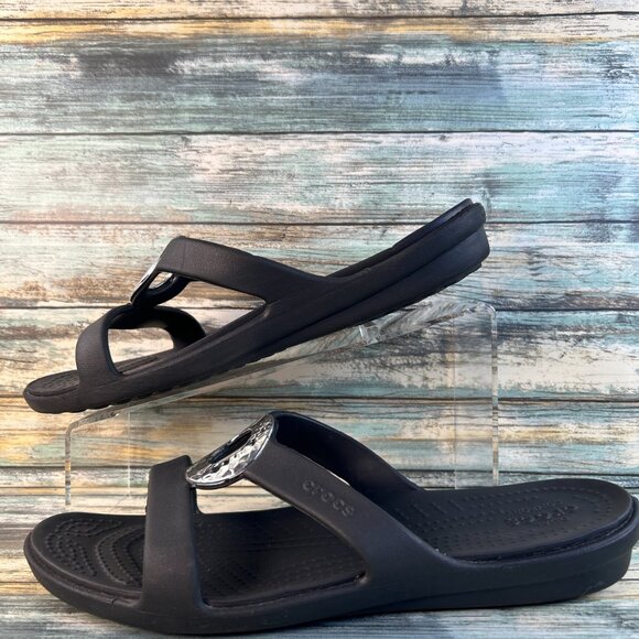 Crocs Sanrah Slide Sandal Womens Sz 11 Black Rubber Wedge Slip On Comfort Casual - Picture 4 of 11